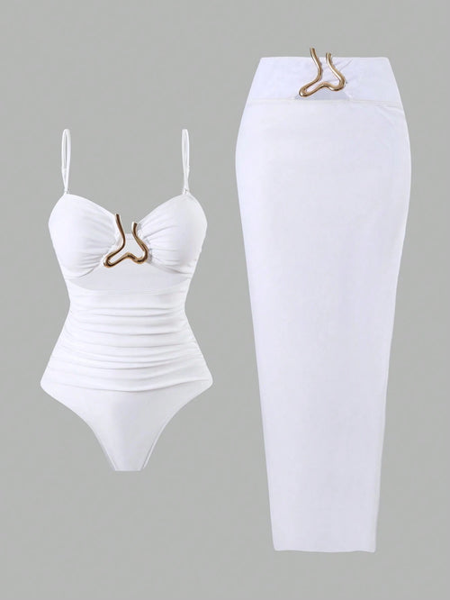 Swim Oasis Women 2025 New Solid Color Strapless Hollow Out Swimsuit With Mesh Maxi Skirt, Beach Resort Summer Casual Set