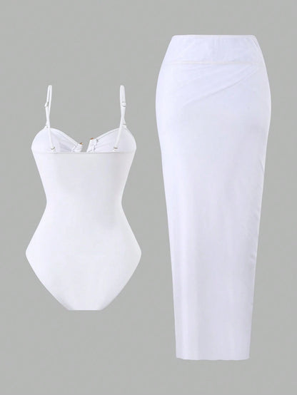 Swim Oasis Women 2025 New Solid Color Strapless Hollow Out Swimsuit With Mesh Maxi Skirt, Beach Resort Summer Casual Set