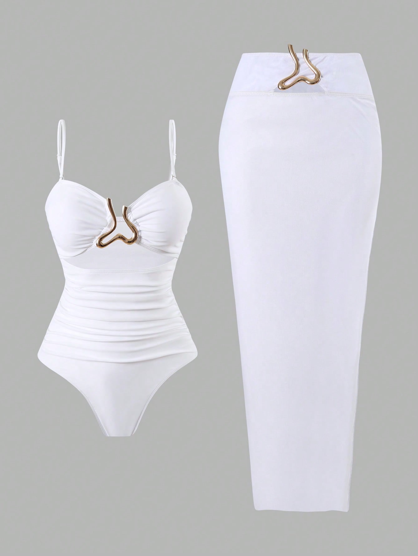 Swim Oasis Women 2025 New Solid Color Strapless Hollow Out Swimsuit With Mesh Maxi Skirt, Beach Resort Summer Casual Set