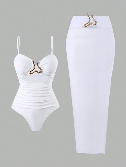 Swim Oasis Women 2025 New Solid Color Strapless Hollow Out Swimsuit With Mesh Maxi Skirt, Beach Resort Summer Casual Set