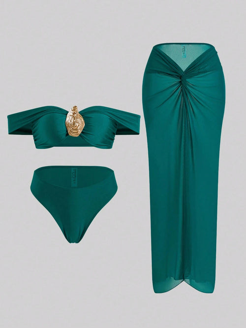 Swim Oasis Women 3 Pieces Teal Swimsuit Set,Off-Shoulder Gold Accent Semi-Sheer Twist Knot Maxi Skirt,Elegant Summer Casual Beach Holiday Vacation Party Outfit