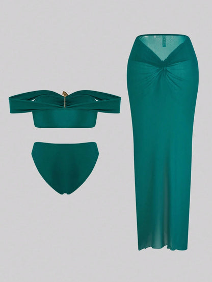 Swim Oasis Women 3 Pieces Teal Swimsuit Set,Off-Shoulder Gold Accent Semi-Sheer Twist Knot Maxi Skirt,Elegant Summer Casual Beach Holiday Vacation Party Outfit
