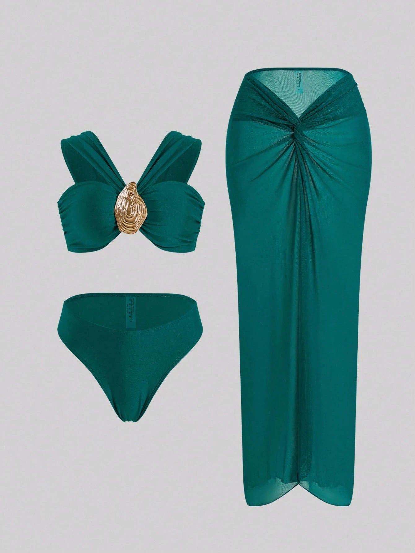 Swim Oasis Women 3 Pieces Teal Swimsuit Set,Off-Shoulder Gold Accent Semi-Sheer Twist Knot Maxi Skirt,Elegant Summer Casual Beach Holiday Vacation Party Outfit
