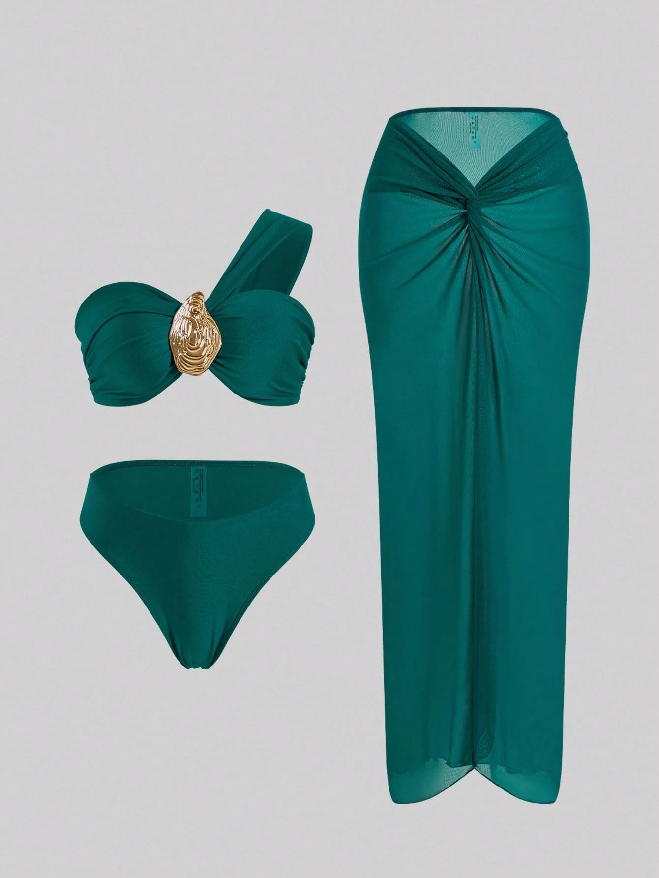 Swim Oasis Women 3 Pieces Teal Swimsuit Set,Off-Shoulder Gold Accent Semi-Sheer Twist Knot Maxi Skirt,Elegant Summer Casual Beach Holiday Vacation Party Outfit