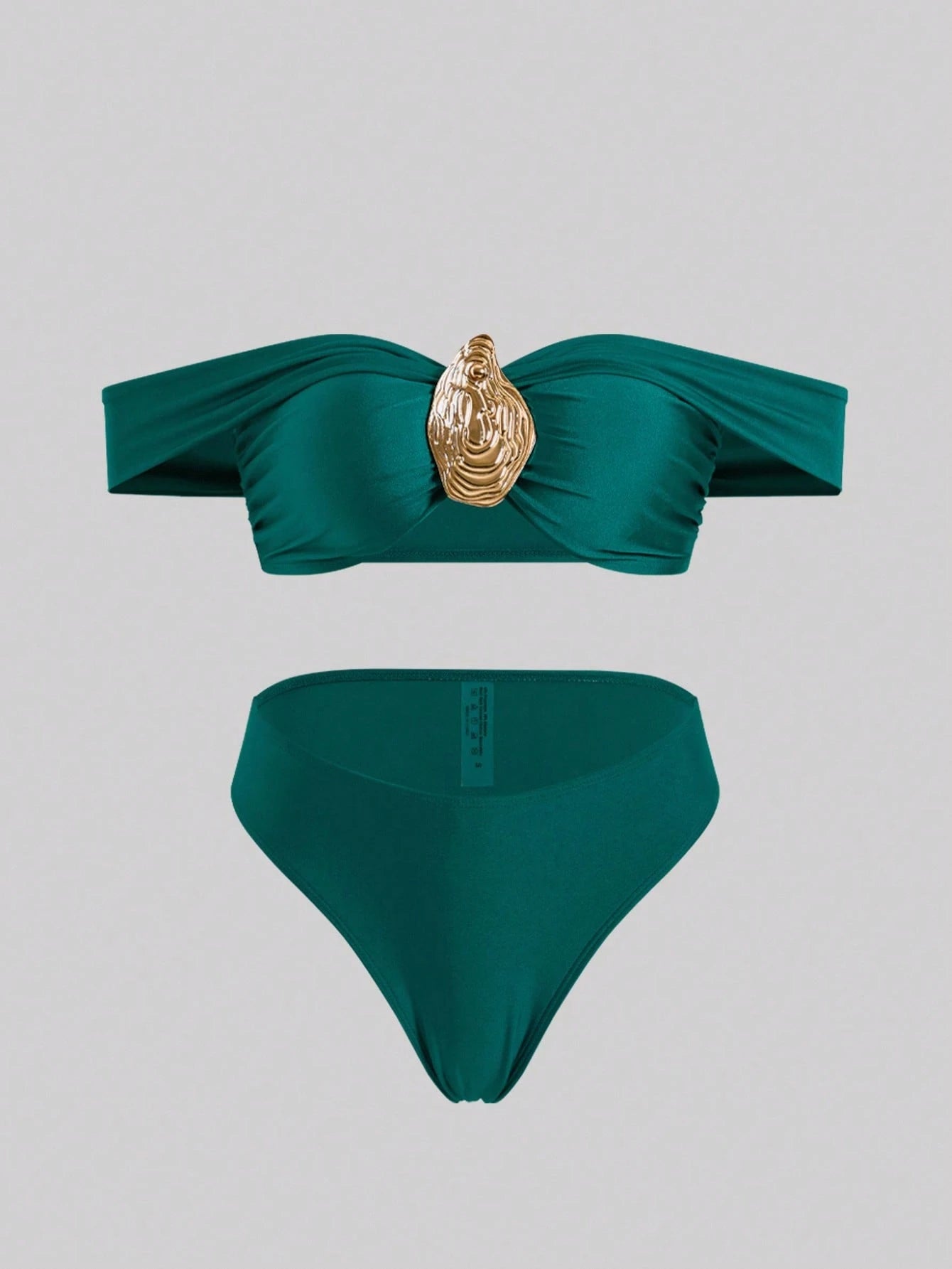 Swim Oasis Women 3 Pieces Teal Swimsuit Set,Off-Shoulder Gold Accent Semi-Sheer Twist Knot Maxi Skirt,Elegant Summer Casual Beach Holiday Vacation Party Outfit