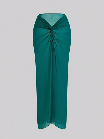 Swim Oasis Women 3 Pieces Teal Swimsuit Set,Off-Shoulder Gold Accent Semi-Sheer Twist Knot Maxi Skirt,Elegant Summer Casual Beach Holiday Vacation Party Outfit
