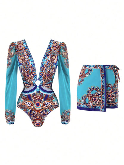 Swim Oasis Women's 2-Piece Long Sleeve Deep V-Neck One-Piece Swimsuit With Tie-Waist Skirt,Elegant Turquoise Boho Printed Beach Holiday Vacation Summer Outfit