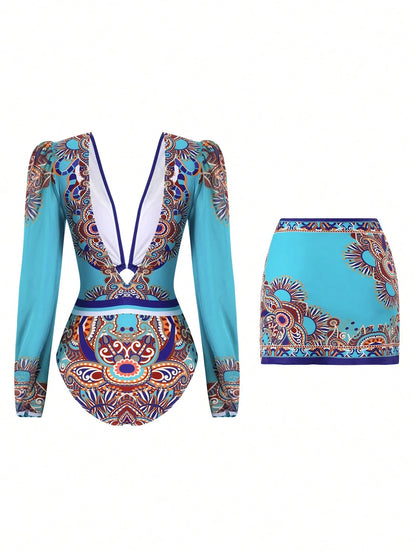 Swim Oasis Women's 2-Piece Long Sleeve Deep V-Neck One-Piece Swimsuit With Tie-Waist Skirt,Elegant Turquoise Boho Printed Beach Holiday Vacation Summer Outfit