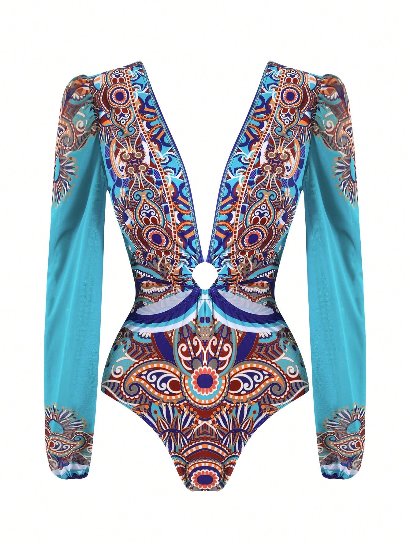 Swim Oasis Women's 2-Piece Long Sleeve Deep V-Neck One-Piece Swimsuit With Tie-Waist Skirt,Elegant Turquoise Boho Printed Beach Holiday Vacation Summer Outfit