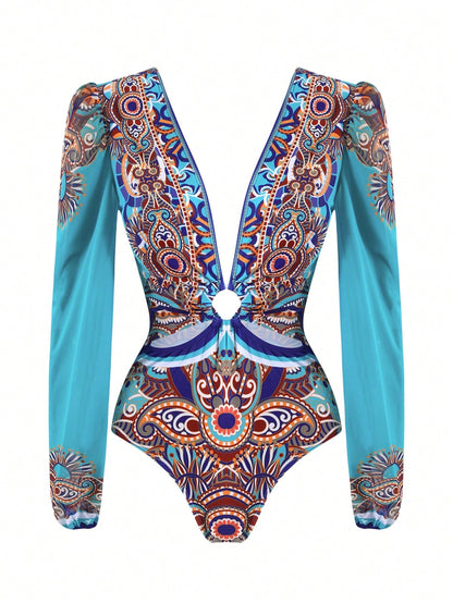 Swim Oasis Women's 2-Piece Long Sleeve Deep V-Neck One-Piece Swimsuit With Tie-Waist Skirt,Elegant Turquoise Boho Printed Beach Holiday Vacation Summer Outfit