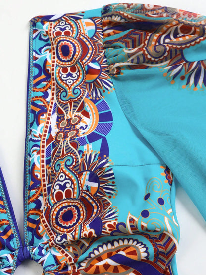 Swim Oasis Women's 2-Piece Long Sleeve Deep V-Neck One-Piece Swimsuit With Tie-Waist Skirt,Elegant Turquoise Boho Printed Beach Holiday Vacation Summer Outfit
