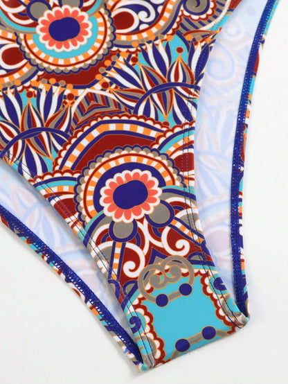 Swim Oasis Women's 2-Piece Long Sleeve Deep V-Neck One-Piece Swimsuit With Tie-Waist Skirt,Elegant Turquoise Boho Printed Beach Holiday Vacation Summer Outfit