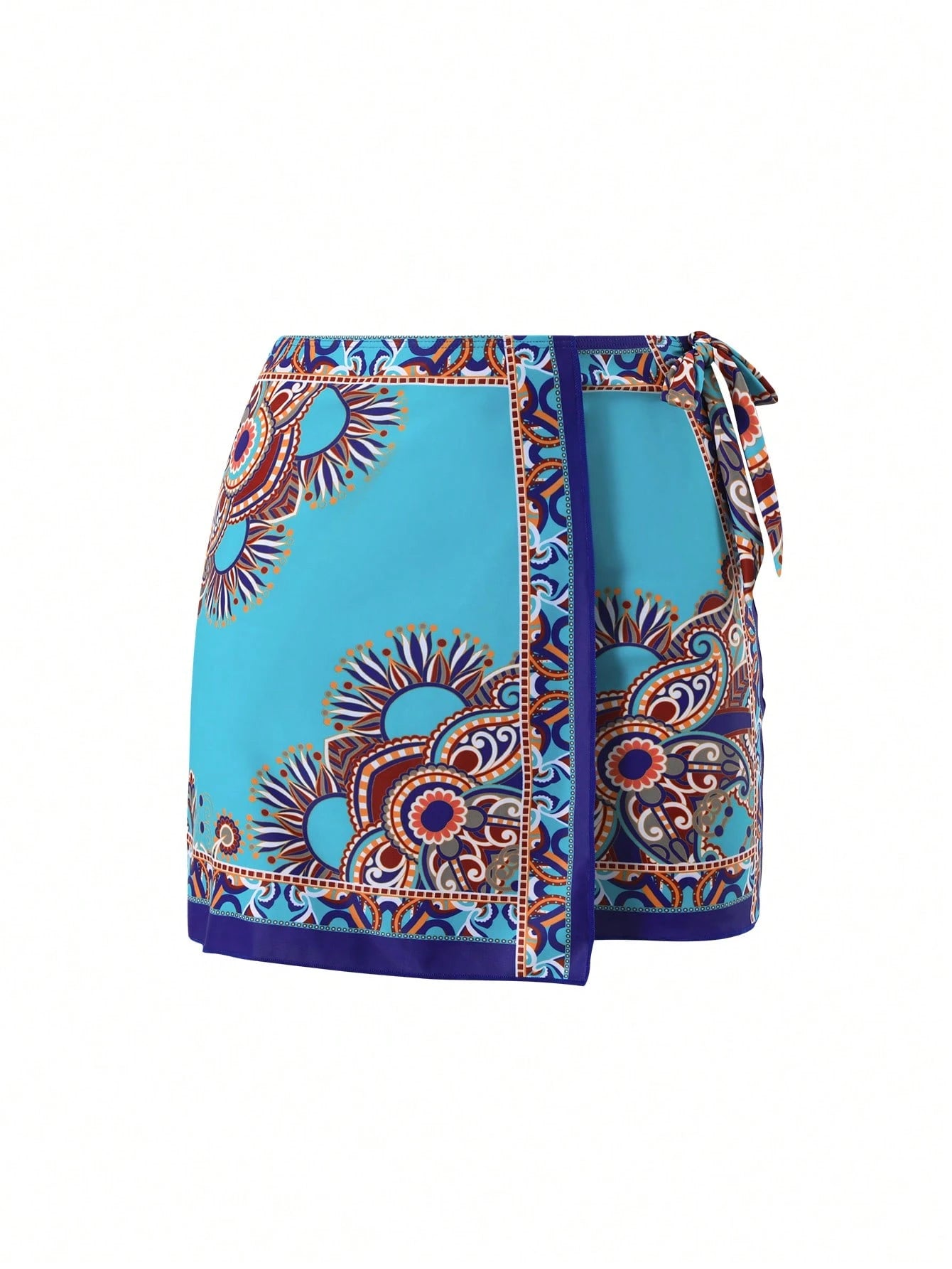 Swim Oasis Women's 2-Piece Long Sleeve Deep V-Neck One-Piece Swimsuit With Tie-Waist Skirt,Elegant Turquoise Boho Printed Beach Holiday Vacation Summer Outfit