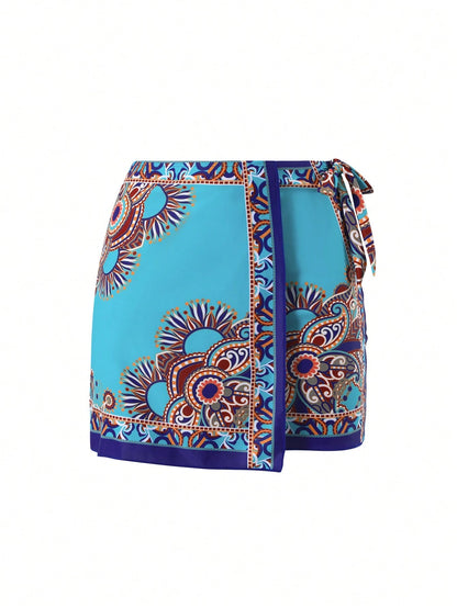Swim Oasis Women's 2-Piece Long Sleeve Deep V-Neck One-Piece Swimsuit With Tie-Waist Skirt,Elegant Turquoise Boho Printed Beach Holiday Vacation Summer Outfit