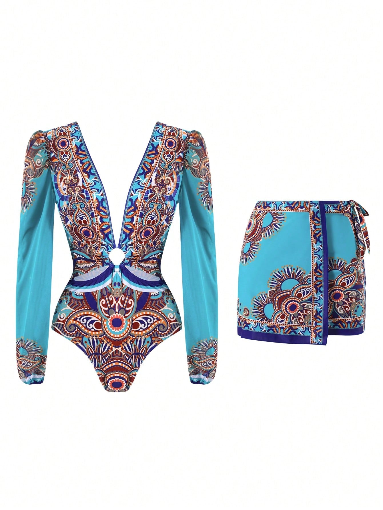 Swim Oasis Women's 2-Piece Long Sleeve Deep V-Neck One-Piece Swimsuit With Tie-Waist Skirt,Elegant Turquoise Boho Printed Beach Holiday Vacation Summer Outfit