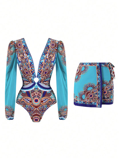 Swim Oasis Women's 2-Piece Long Sleeve Deep V-Neck One-Piece Swimsuit With Tie-Waist Skirt,Elegant Turquoise Boho Printed Beach Holiday Vacation Summer Outfit