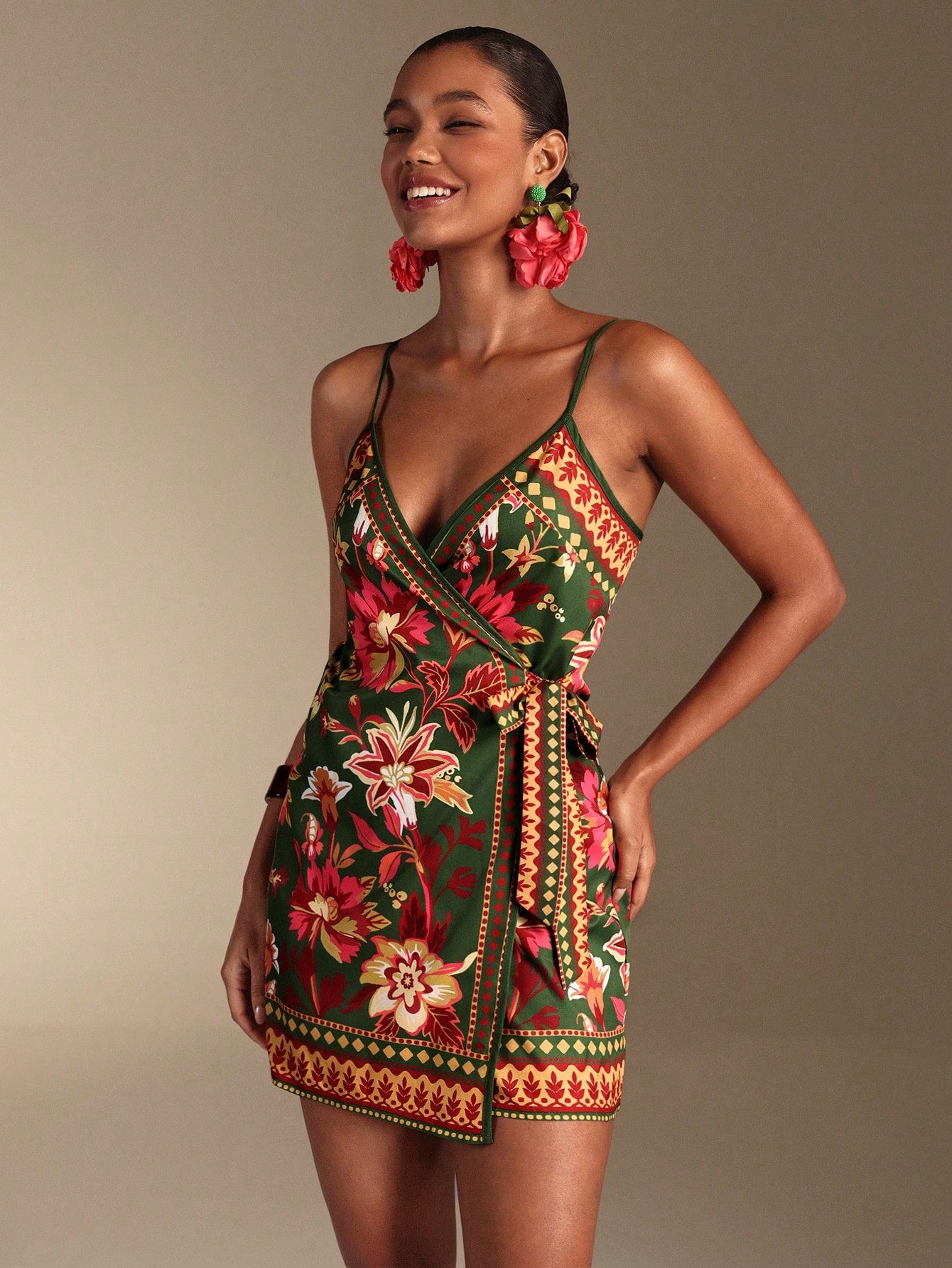 Swim Oasis Women's Dark Green Summer Boho Holiday Vacation Dress,South American Floral Retro Print Spaghetti Strap Wrap Romper,Caribbean African Juneteenth