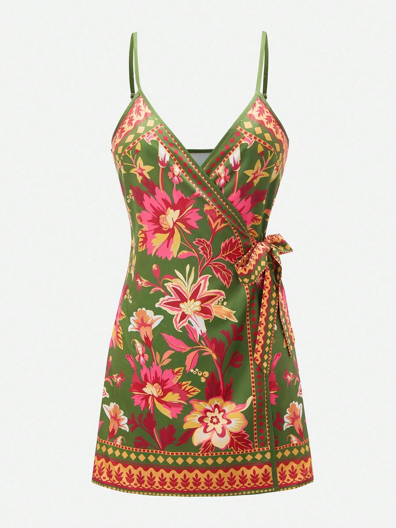 Swim Oasis Women's Dark Green Summer Boho Holiday Vacation Dress,South American Floral Retro Print Spaghetti Strap Wrap Romper,Caribbean African Juneteenth