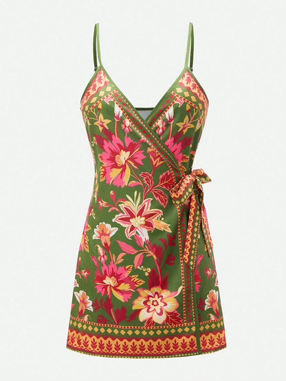 Swim Oasis Women's Dark Green Summer Boho Holiday Vacation Dress,South American Floral Retro Print Spaghetti Strap Wrap Romper,Caribbean African Juneteenth