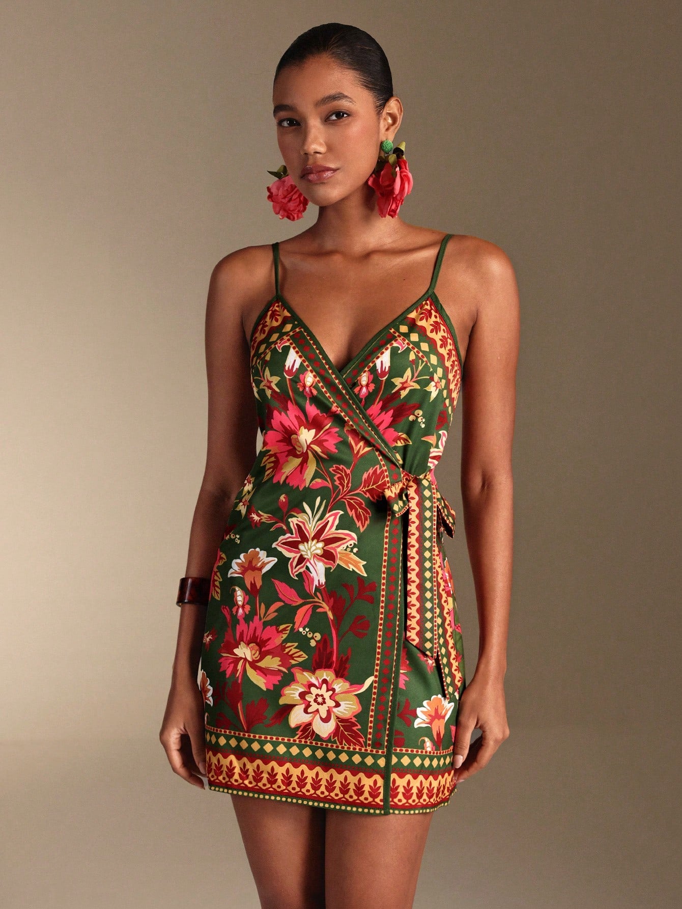 Swim Oasis Women's Dark Green Summer Boho Holiday Vacation Dress,South American Floral Retro Print Spaghetti Strap Wrap Romper,Caribbean African Juneteenth