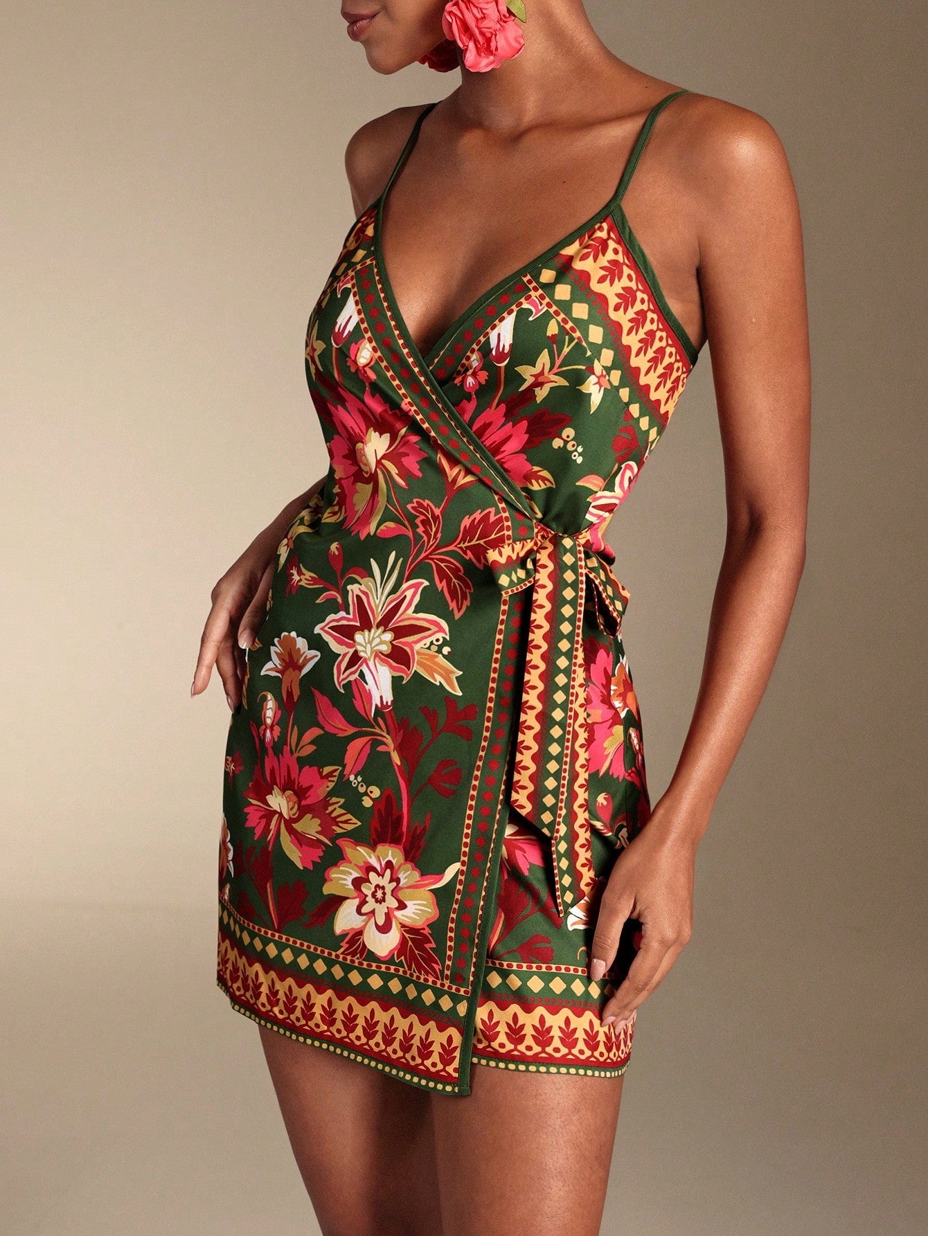 Swim Oasis Women's Dark Green Summer Boho Holiday Vacation Dress,South American Floral Retro Print Spaghetti Strap Wrap Romper,Caribbean African Juneteenth