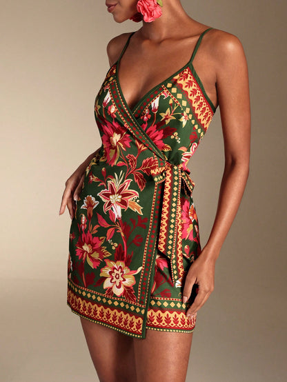 Swim Oasis Women's Dark Green Summer Boho Holiday Vacation Dress,South American Floral Retro Print Spaghetti Strap Wrap Romper,Caribbean African Juneteenth