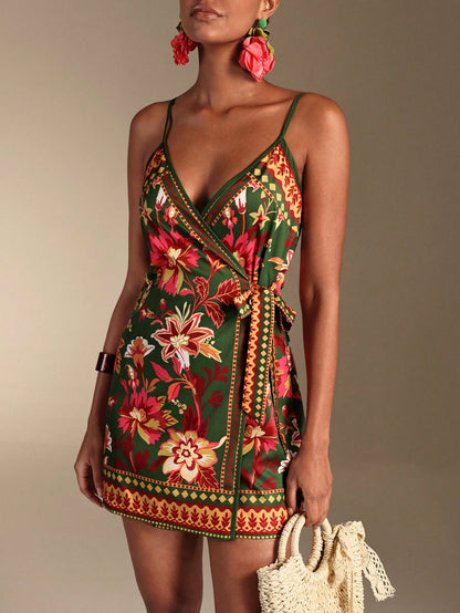 Swim Oasis Women's Dark Green Summer Boho Holiday Vacation Dress,South American Floral Retro Print Spaghetti Strap Wrap Romper,Caribbean African Juneteenth