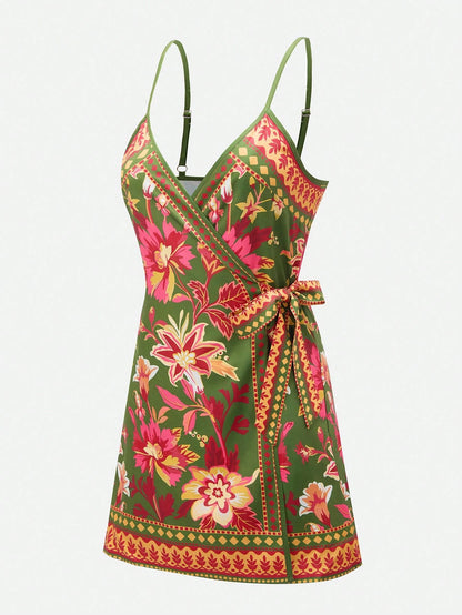 Swim Oasis Women's Dark Green Summer Boho Holiday Vacation Dress,South American Floral Retro Print Spaghetti Strap Wrap Romper,Caribbean African Juneteenth