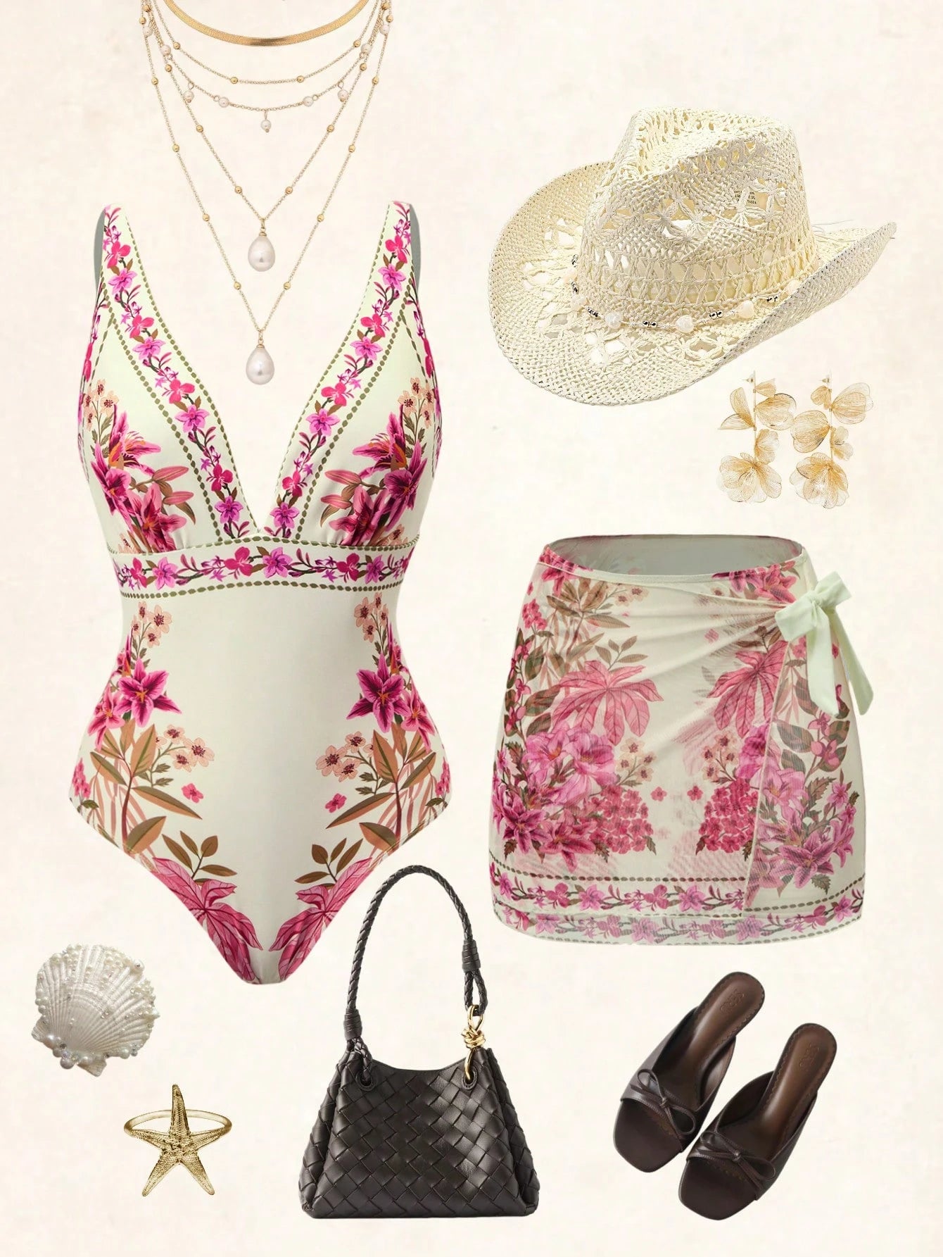 Swim Oasis Women's Elegant Boho Beige Summer Holiday Vacation Holiday Chinoiserie Tropical Palm Tree Floral Print One-Piece Swimsuit & Beach Cover Up Set