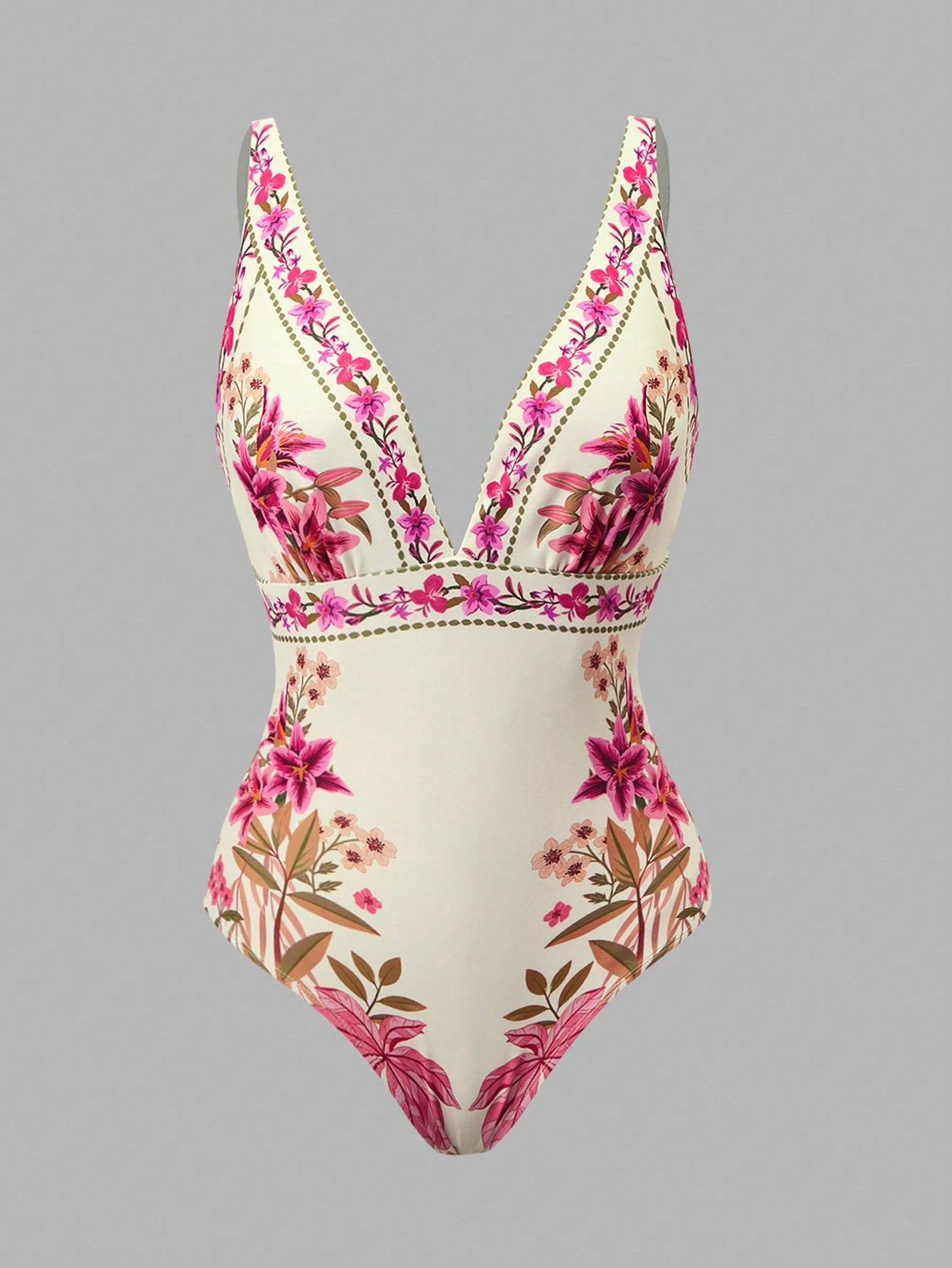 Swim Oasis Women's Elegant Boho Beige Summer Holiday Vacation Holiday Chinoiserie Tropical Palm Tree Floral Print One-Piece Swimsuit & Beach Cover Up Set
