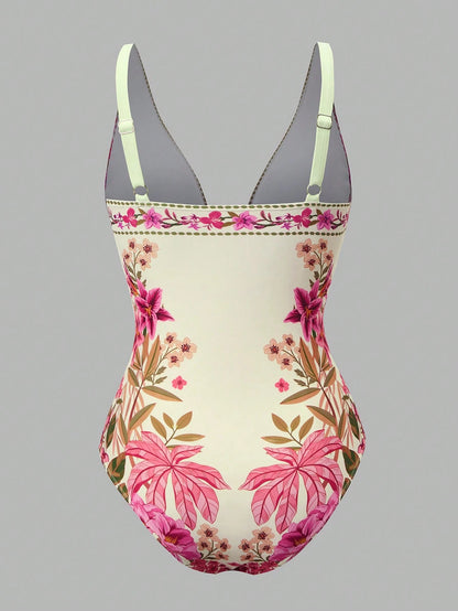 Swim Oasis Women's Elegant Boho Beige Summer Holiday Vacation Holiday Chinoiserie Tropical Palm Tree Floral Print One-Piece Swimsuit & Beach Cover Up Set