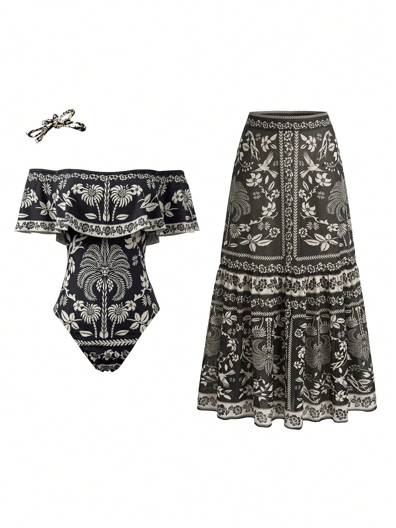 Swim Oasis Women's Elegant Vintage Off-Shoulder Detachable Strap One-Piece Swimsuit& Matching Printed Mesh Pleated Skirt, Spring/Summer