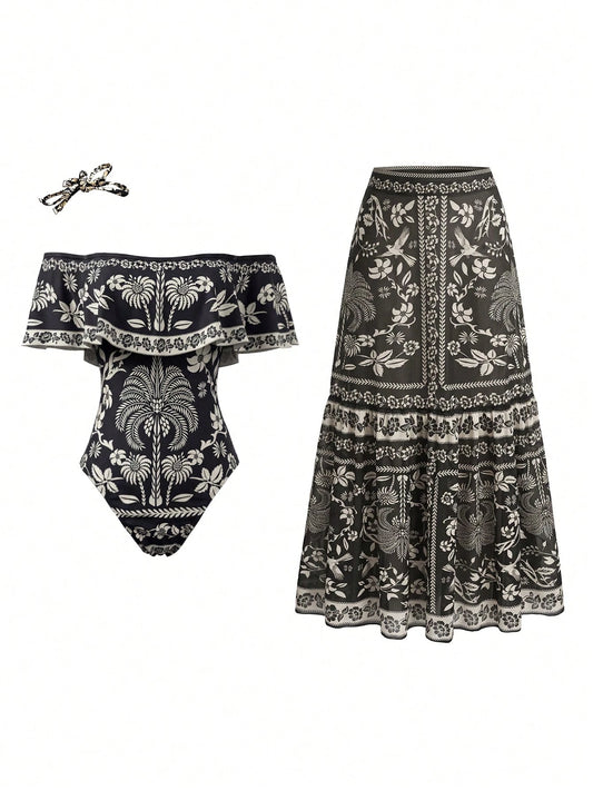 Swim Oasis Women's Elegant Vintage Off-Shoulder Detachable Strap One-Piece Swimsuit& Matching Printed Mesh Pleated Skirt, Spring/Summer