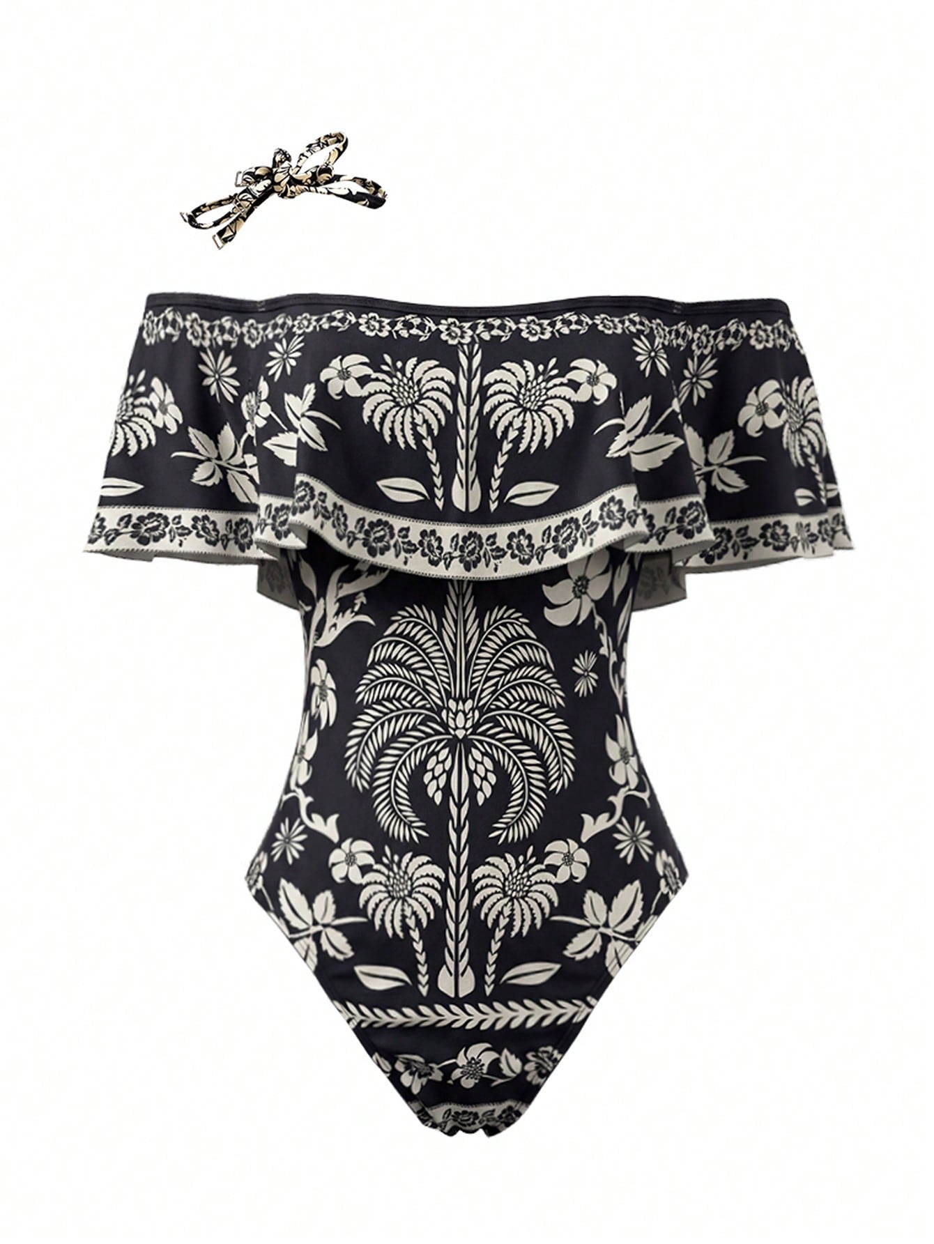 Swim Oasis Women's Elegant Vintage Off-Shoulder Detachable Strap One-Piece Swimsuit& Matching Printed Mesh Pleated Skirt, Spring/Summer