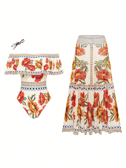 Swim Oasis Women's Elegant Vintage Off-Shoulder Detachable Strap One-Piece Swimsuit& Matching Printed Mesh Pleated Skirt, Spring/Summer