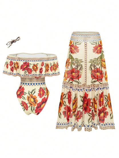 Swim Oasis Women's Elegant Vintage Off-Shoulder Detachable Strap One-Piece Swimsuit& Matching Printed Mesh Pleated Skirt, Spring/Summer