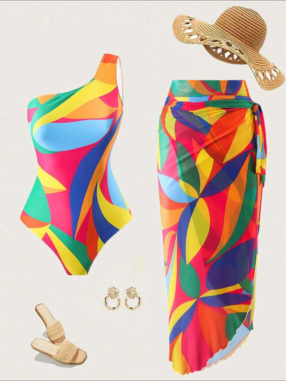 Swim Oasis Women's Printed Beachwear One Shoulder Monokini Swimsuit And Tie Front Swim Skirt Outfit,Summer Beach
