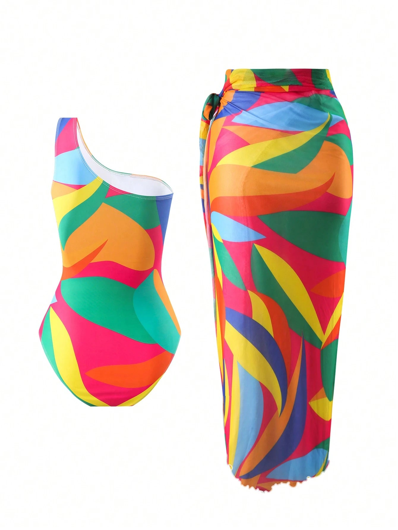 Swim Oasis Women's Printed Beachwear One Shoulder Monokini Swimsuit And Tie Front Swim Skirt Outfit,Summer Beach
