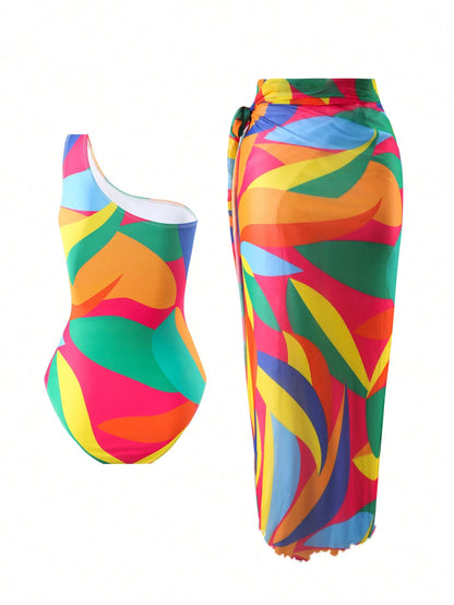 Swim Oasis Women's Printed Beachwear One Shoulder Monokini Swimsuit And Tie Front Swim Skirt Outfit,Summer Beach