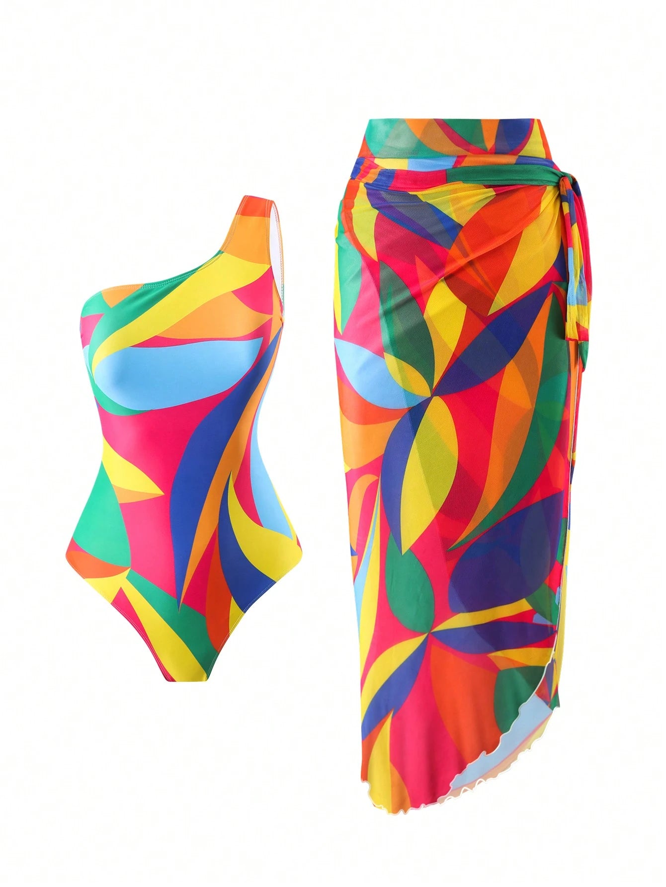 Swim Oasis Women's Printed Beachwear One Shoulder Monokini Swimsuit And Tie Front Swim Skirt Outfit,Summer Beach