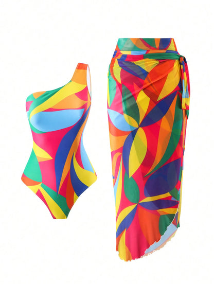 Swim Oasis Women's Printed Beachwear One Shoulder Monokini Swimsuit And Tie Front Swim Skirt Outfit,Summer Beach