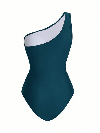 Swim Oasis Women's Solid Color Asymmetric Shoulder Fashion Summer Beach Minimalist One-Piece Swimsuit