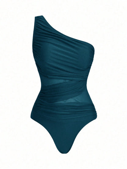 Swim Oasis Women's Solid Color Asymmetric Shoulder Fashion Summer Beach Minimalist One-Piece Swimsuit
