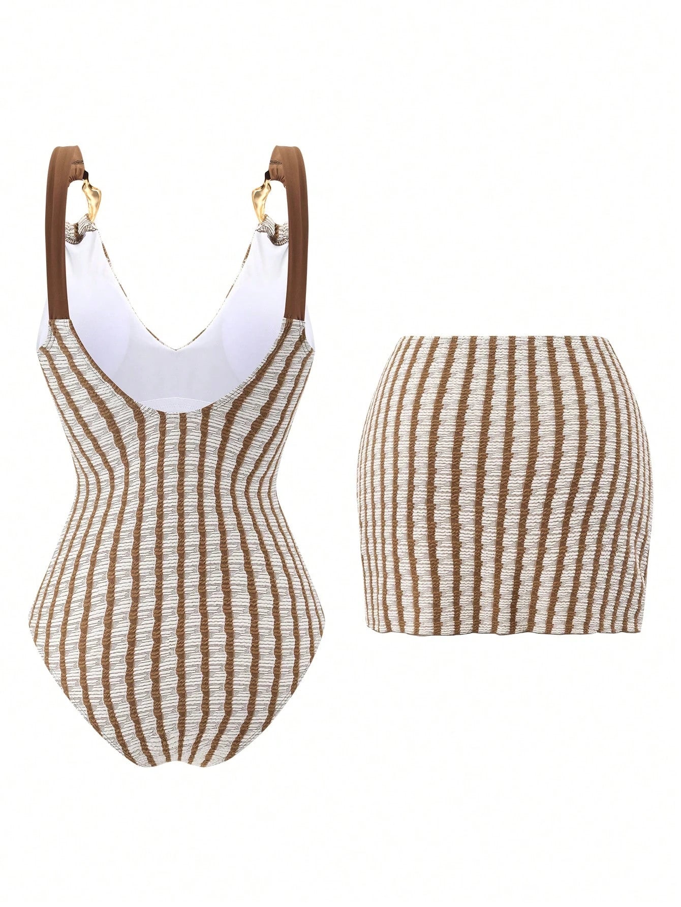 Swim Oasis Women's Summer Beach Vacation Sexy And Elegant Brown Striped One-Piece Swimsuit With Beach Cover-Up Skirt.