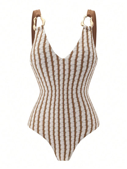 Swim Oasis Women's Summer Beach Vacation Sexy And Elegant Brown Striped One-Piece Swimsuit With Beach Cover-Up Skirt.