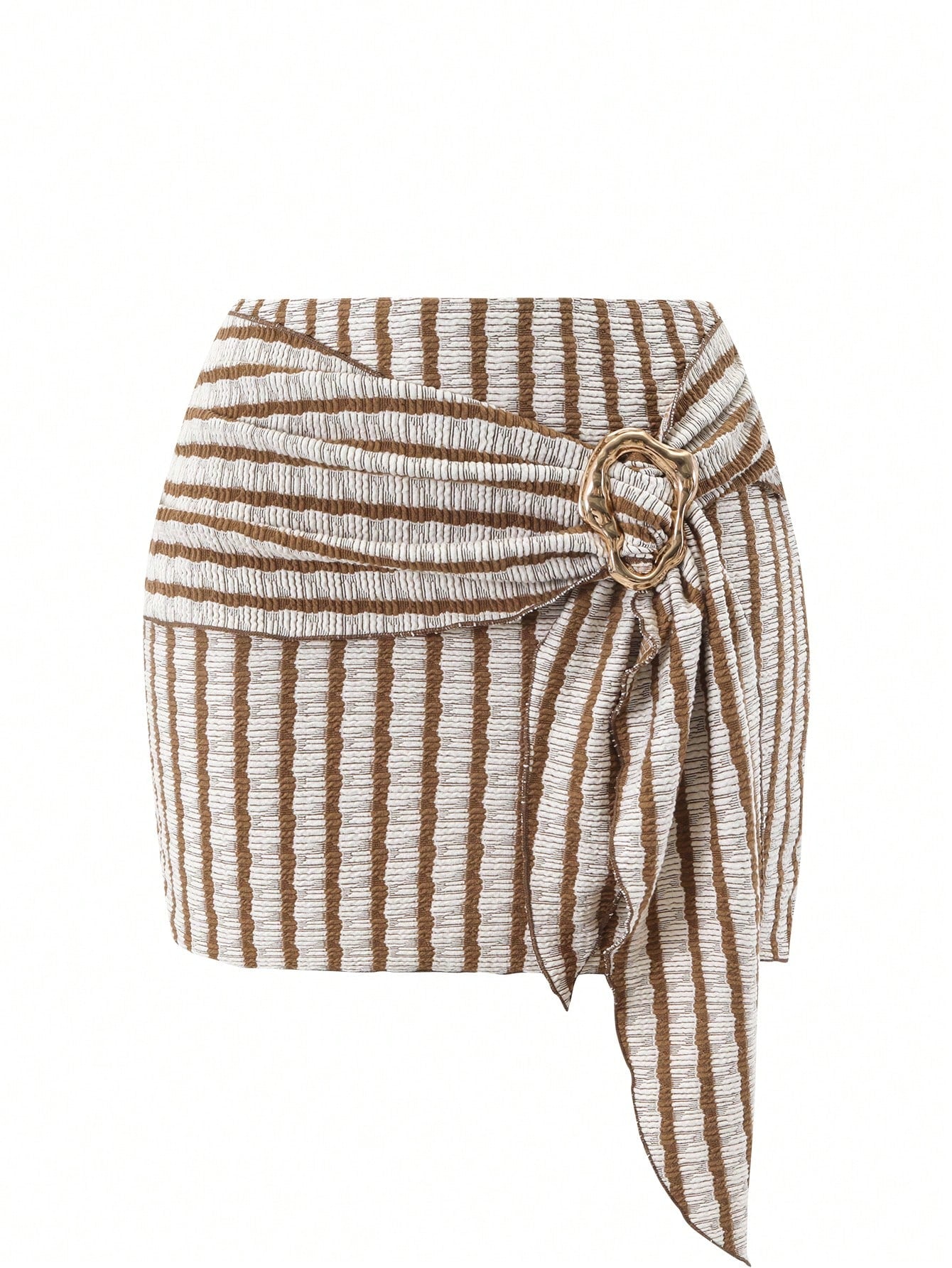 Swim Oasis Women's Summer Beach Vacation Sexy And Elegant Brown Striped One-Piece Swimsuit With Beach Cover-Up Skirt.