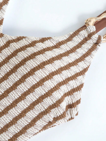 Swim Oasis Women's Summer Beach Vacation Sexy And Elegant Brown Striped One-Piece Swimsuit With Beach Cover-Up Skirt.