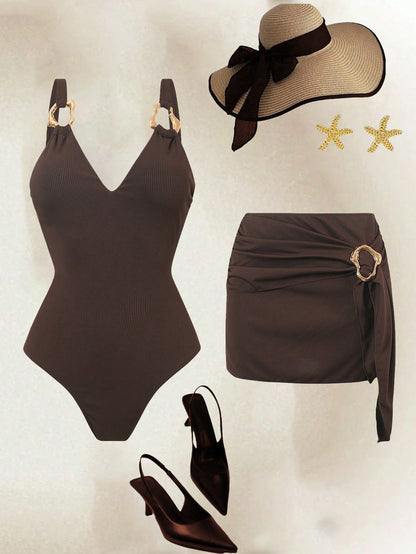 Swim Oasis Women's Summer Beach Vacation Sexy And Elegant Brown Striped One-Piece Swimsuit With Beach Cover-Up Skirt.