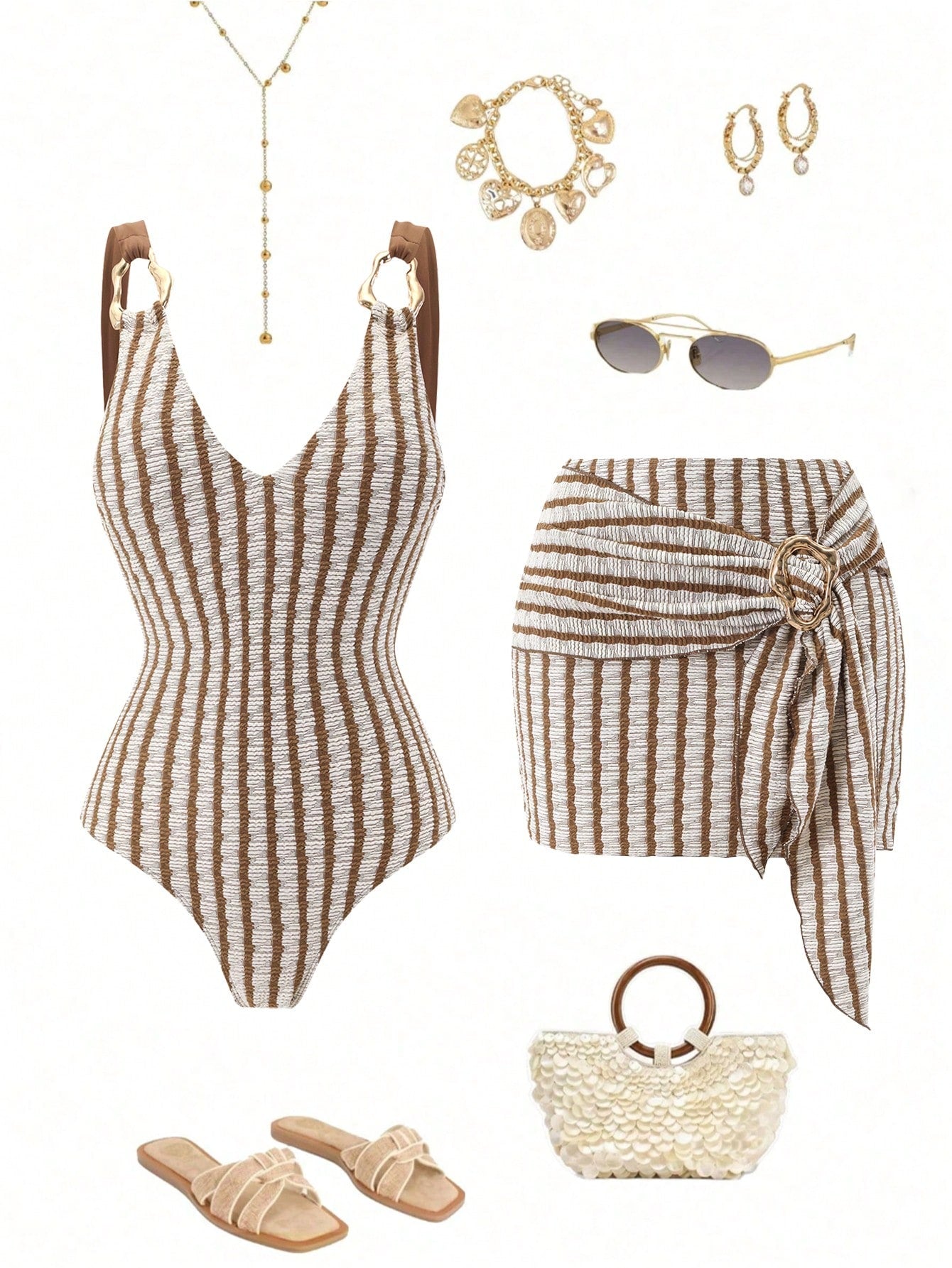 Swim Oasis Women's Summer Beach Vacation Sexy And Elegant Brown Striped One-Piece Swimsuit With Beach Cover-Up Skirt.
