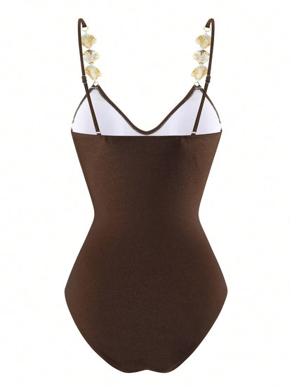 Swim Oasis Women's Summer Beach Vacation White Floral Texture And Seashell Straps One-Piece Swimsuit With Beach Skirt